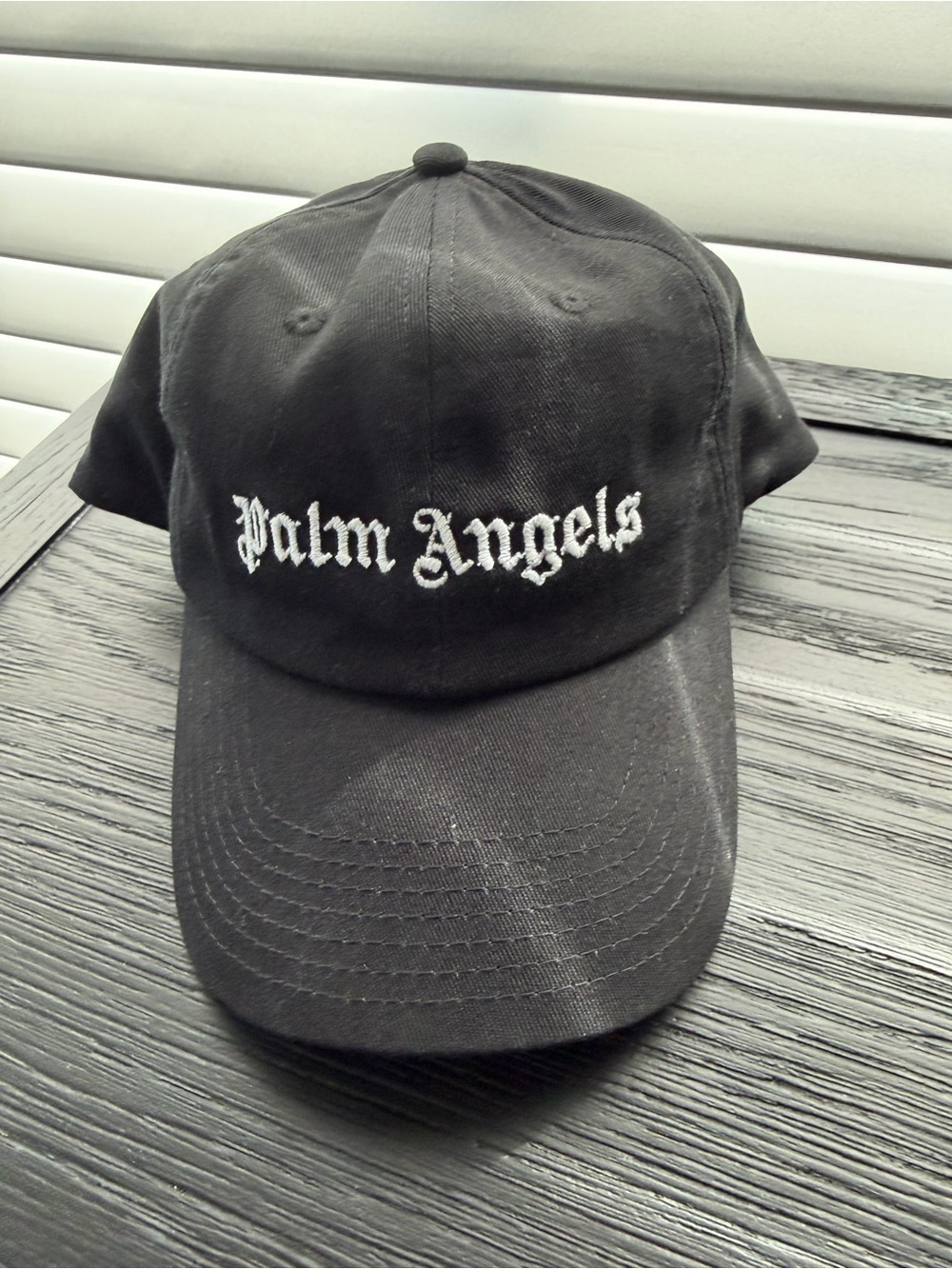 Palm Angels Black Cap with White Script Tag